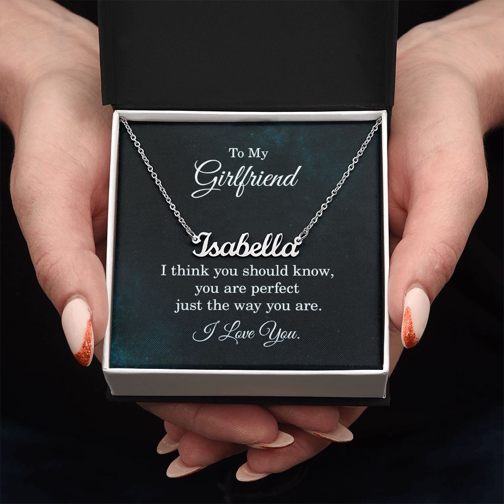 This stylish necklace features a cursive name design suspended on an 16”-18” adjustable cable chain, making it both personal and beautiful! Your necklace will be custom made upon ordering in the name or word of your choice, with up to 10 characters. It's a gift that they will surely want to keep close to their heart forever!
