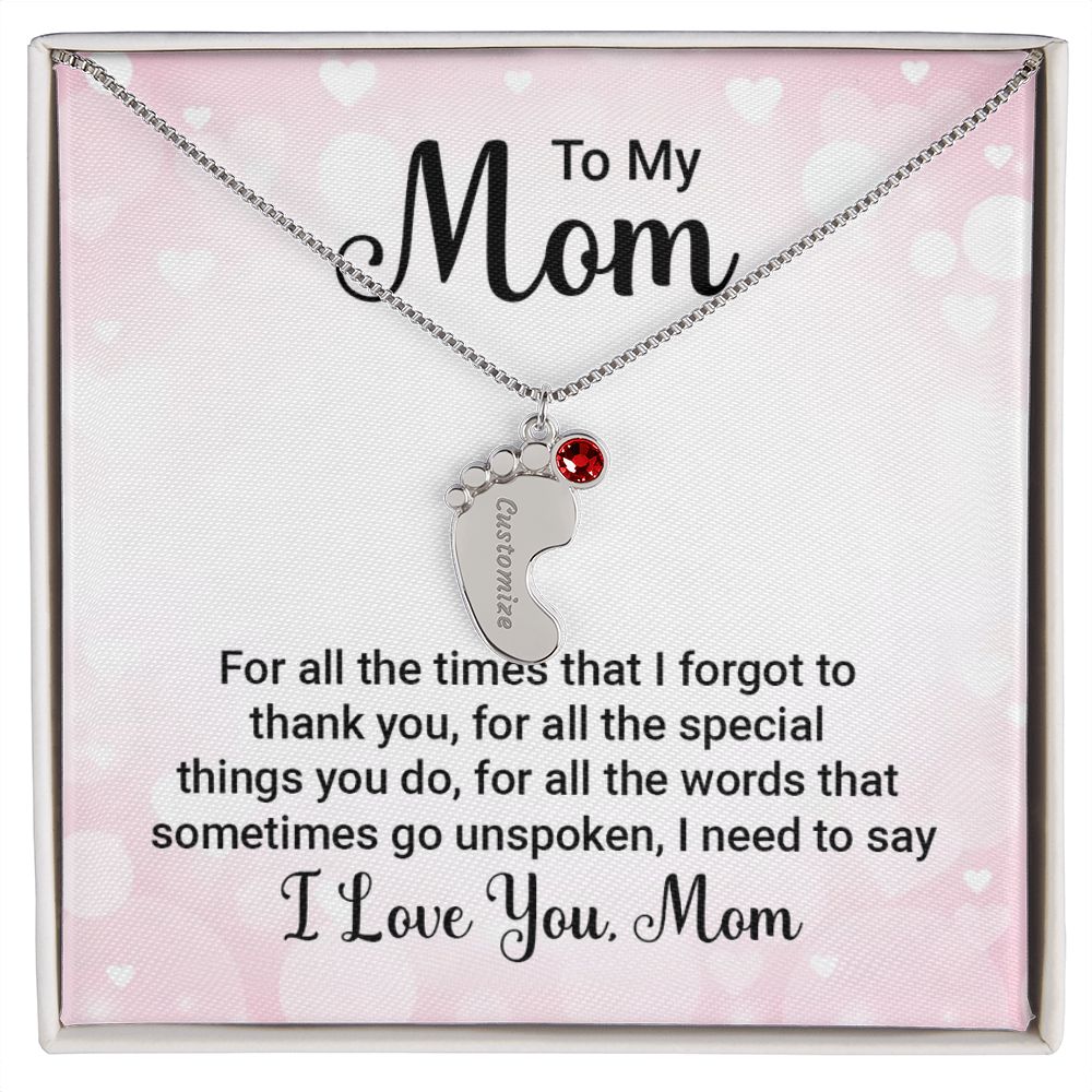 Celebrate the arrival of a newborn or cherish a precious memory with our Custom Baby Feet Necklace with Birthstone. Personalize your gift by engraving a name of your choice onto the pendant and choosing a crystal that correlates with the baby's birth month.