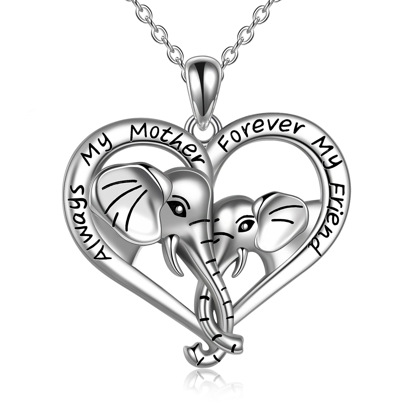 Mama elephant and baby elephant tied noses together, which represents the maternal love and harmonious relationship between mother and daughter. It engraved "Always My Mother Forever My Friend". Perfect mother daughter necklace for animal lovers.
