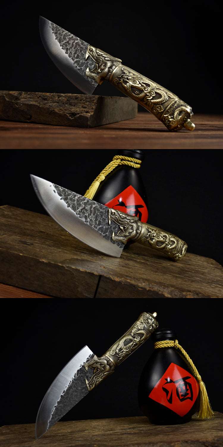 Dragon Handle Boning Knife Set Full length: 34.5cm Blade length: 18cm Handle length: 12cm Blade width: 3.5cm Thickness: 0.30cm Blade material: 7Cr17MOV (7 chromium 17 molybdenum vanadium steel) Handle material: brass Tooling: brass Net weight: 700g