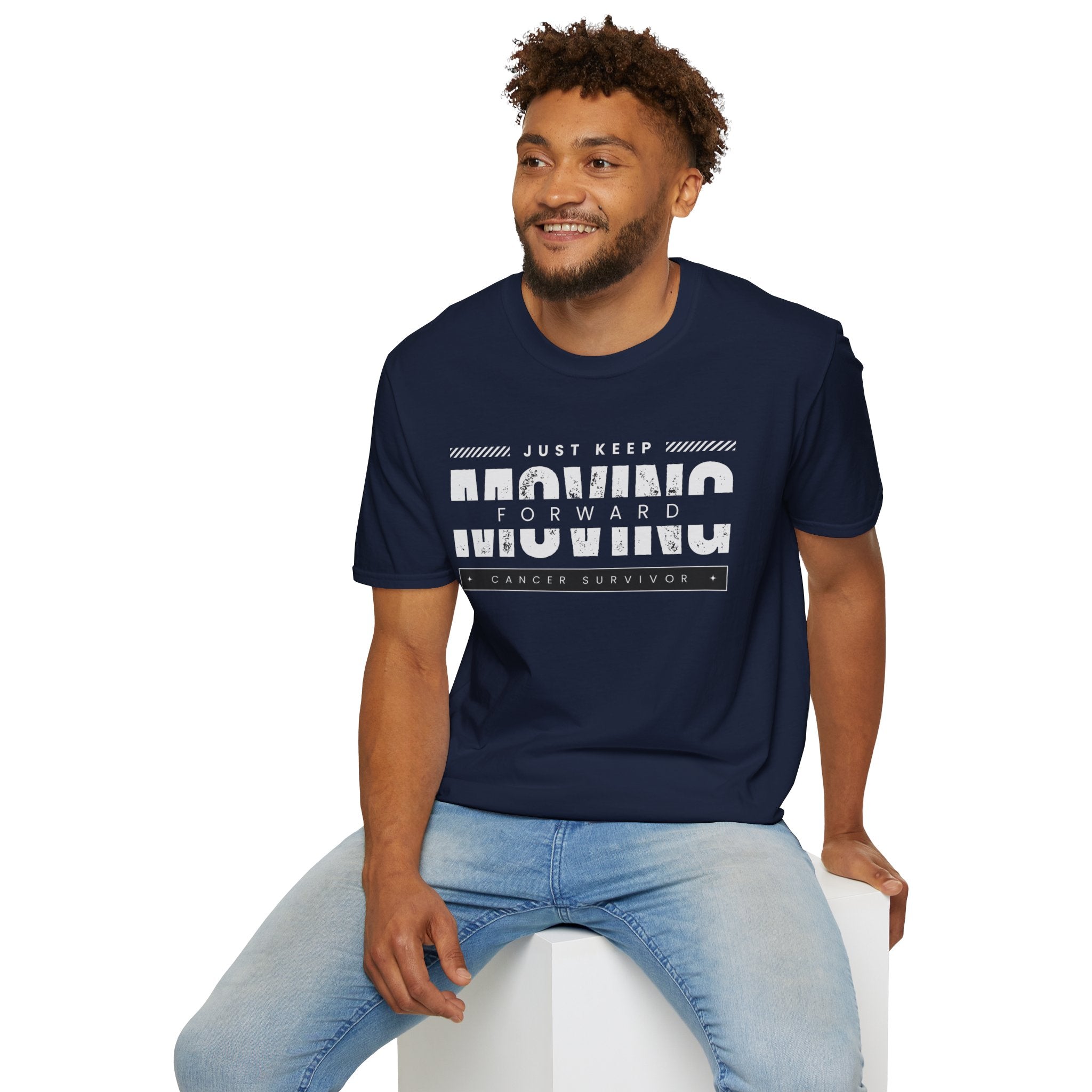 This unisex t-shirt is a canvas for self-expression, crafted for those who embrace resilience. With the phrase "Just Keep Moving Forward - Cancer Survivor" emblazoned across the chest, it celebrates strength and spirit.