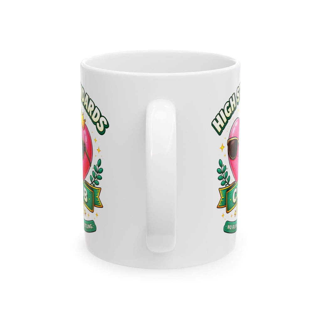 White mug with colorful graphics and text on a white background