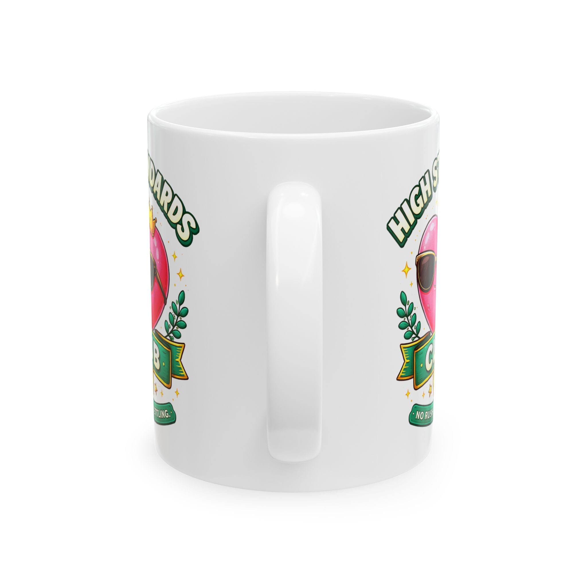 White mug with colorful graphics and text on a white background