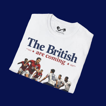 White t-shirt with sports-themed graphic and text on a white background