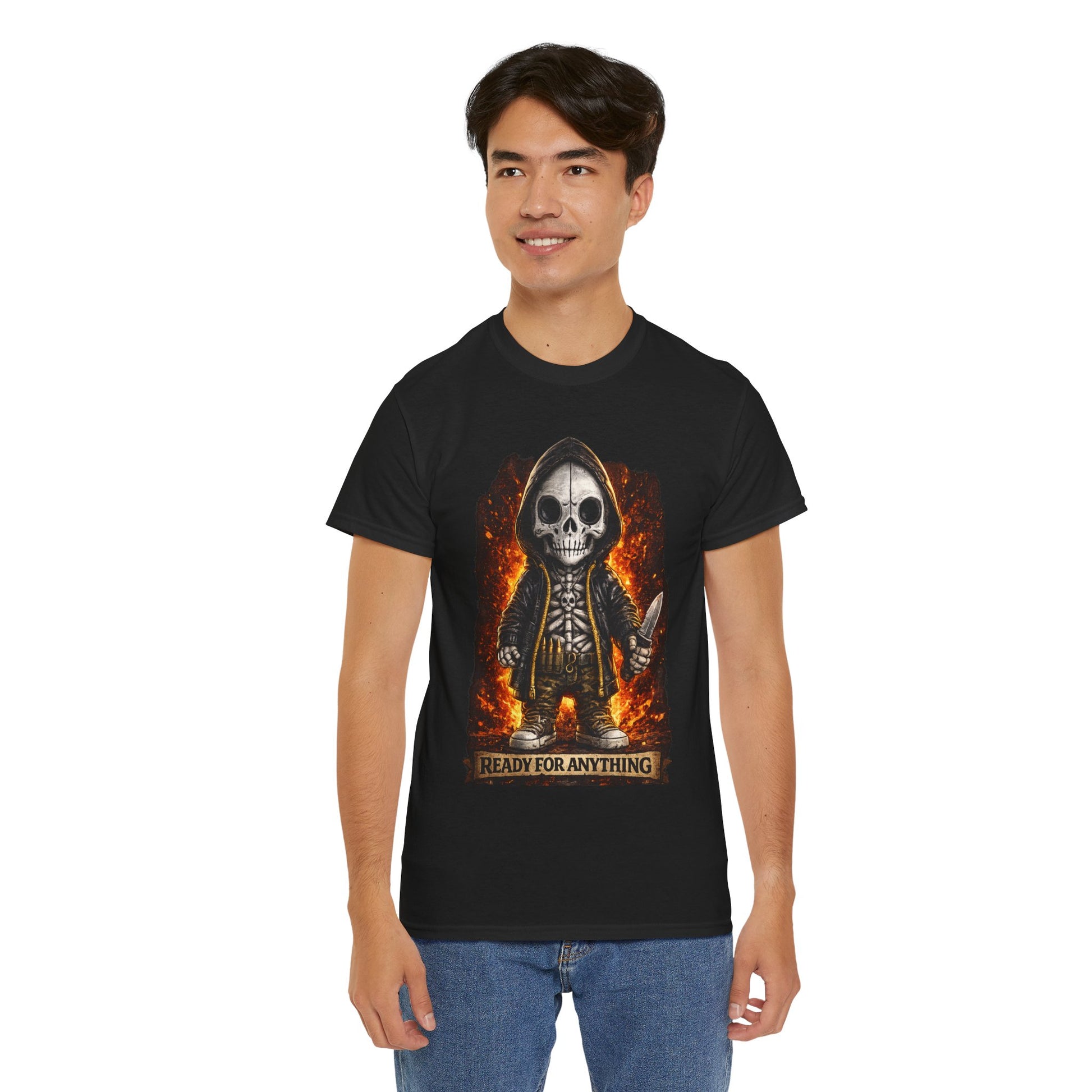 Person wearing a black t-shirt with a graphic design of a skeleton holding a knife and text 'READY FOR ANYTHING'.