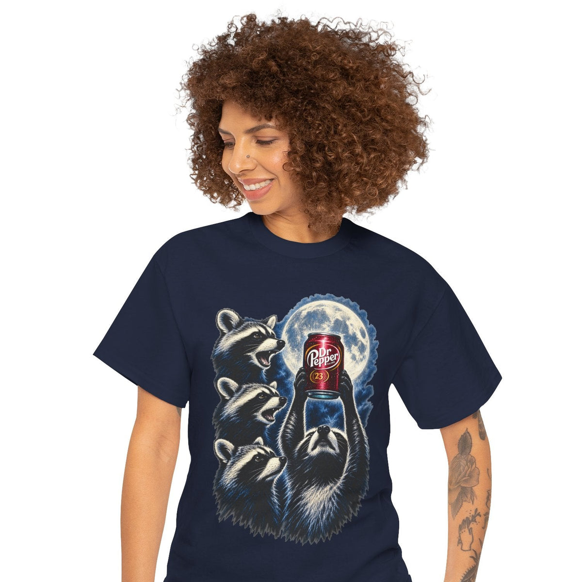 Raccoons Worshiping a can of Dr. Pepper Soda With Full Moon Comfortable Cotton T-Shirt