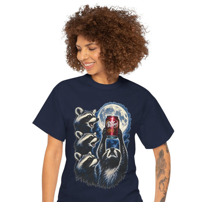 Raccoons Worshiping a can of Dr. Pepper Soda With Full Moon Comfortable Cotton T-Shirt