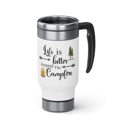 Get cozy with our Life is Better Around a Campfire Stainless Steel Travel Mug! This 14oz mug with handle is perfect for keeping your drinks hot while camping or on the go. No need to sacrifice style for functionality - bring the campfire vibes with you wherever you go!