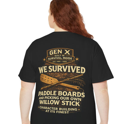 Person wearing a black t-shirt with text and graphics on the back, standing against a white background.