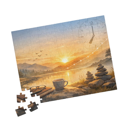 Jigsaw puzzle with a sunset over a lake and mountains scene, with missing pieces.
