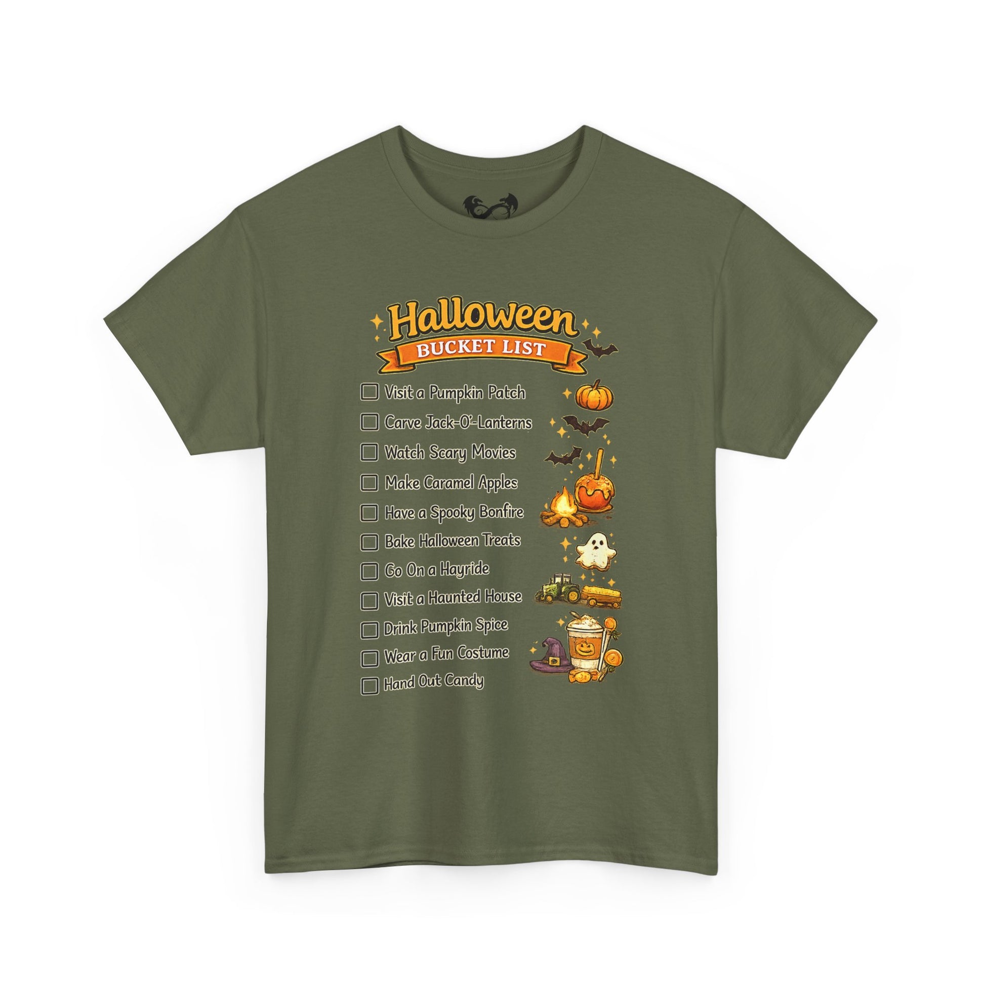An olive green short-sleeve t-shirt with a 'Halloween Bucket List' graphic on the front, displayed against a plain white background.