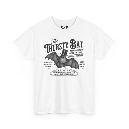A white short-sleeve crewneck t-shirt featuring a black vintage-style graphic of a bat wearing a top hat with the text 'The Thirsty Bat'.