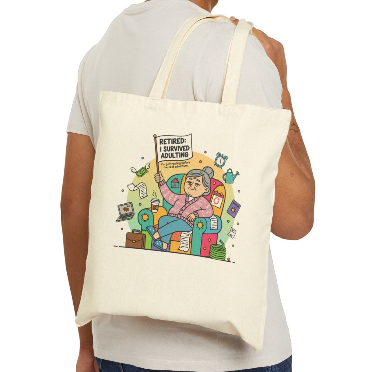 Man carrying a tote bag with a 'Breathe' design on a white background