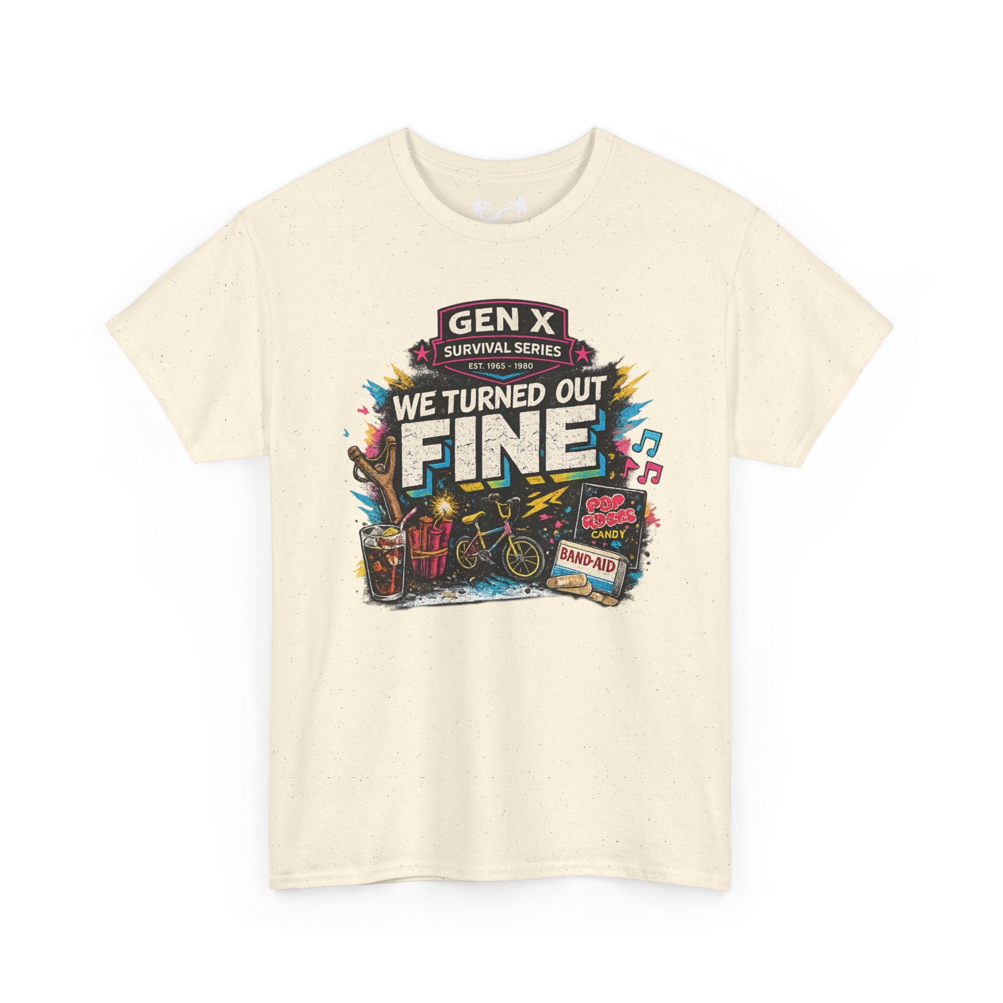 Beige t-shirt with colorful graphic design on a white background
