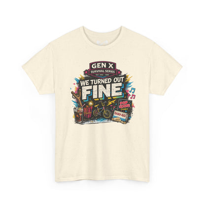 Beige t-shirt with colorful graphic design on a white background