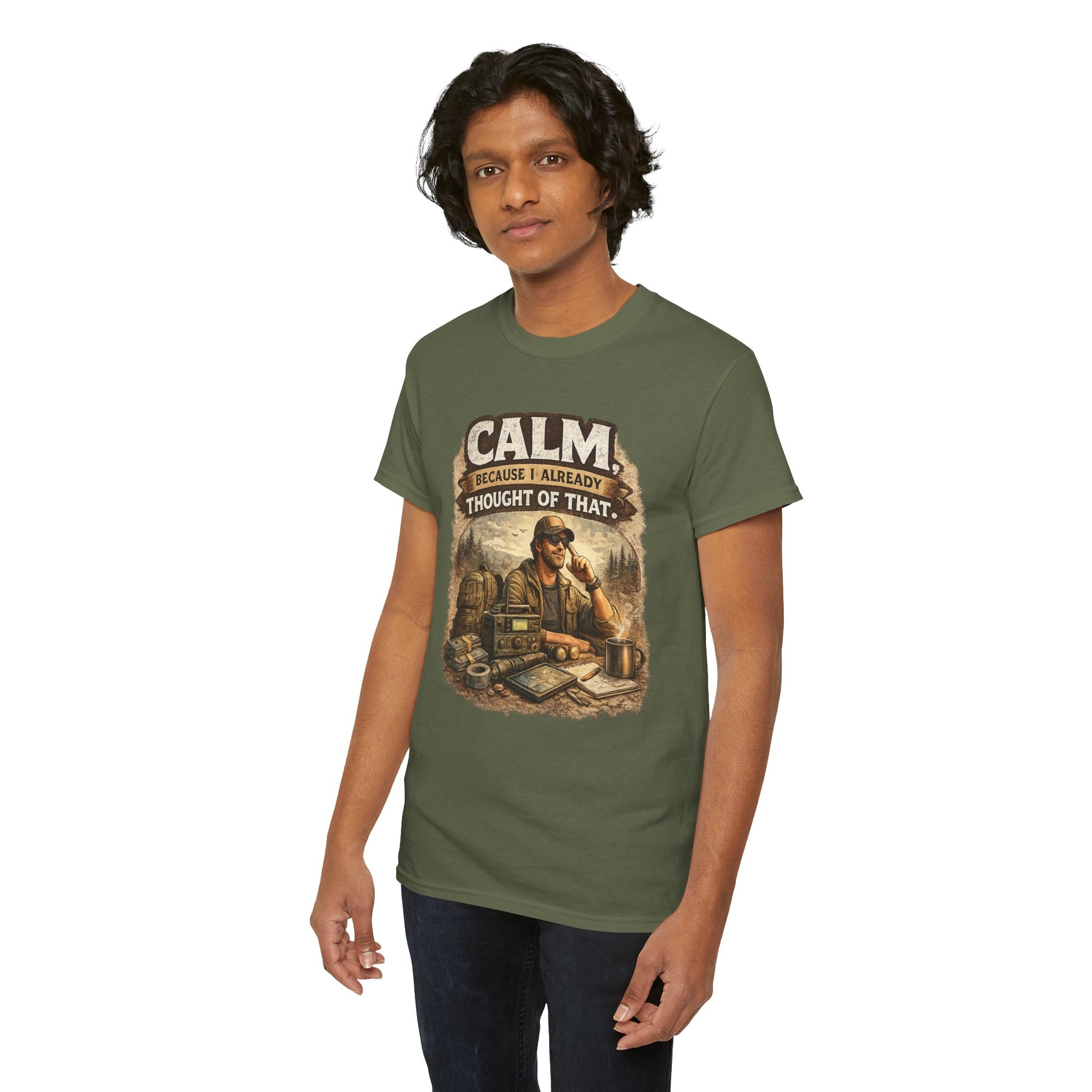Person wearing a green t-shirt with a graphic design and text on a white background