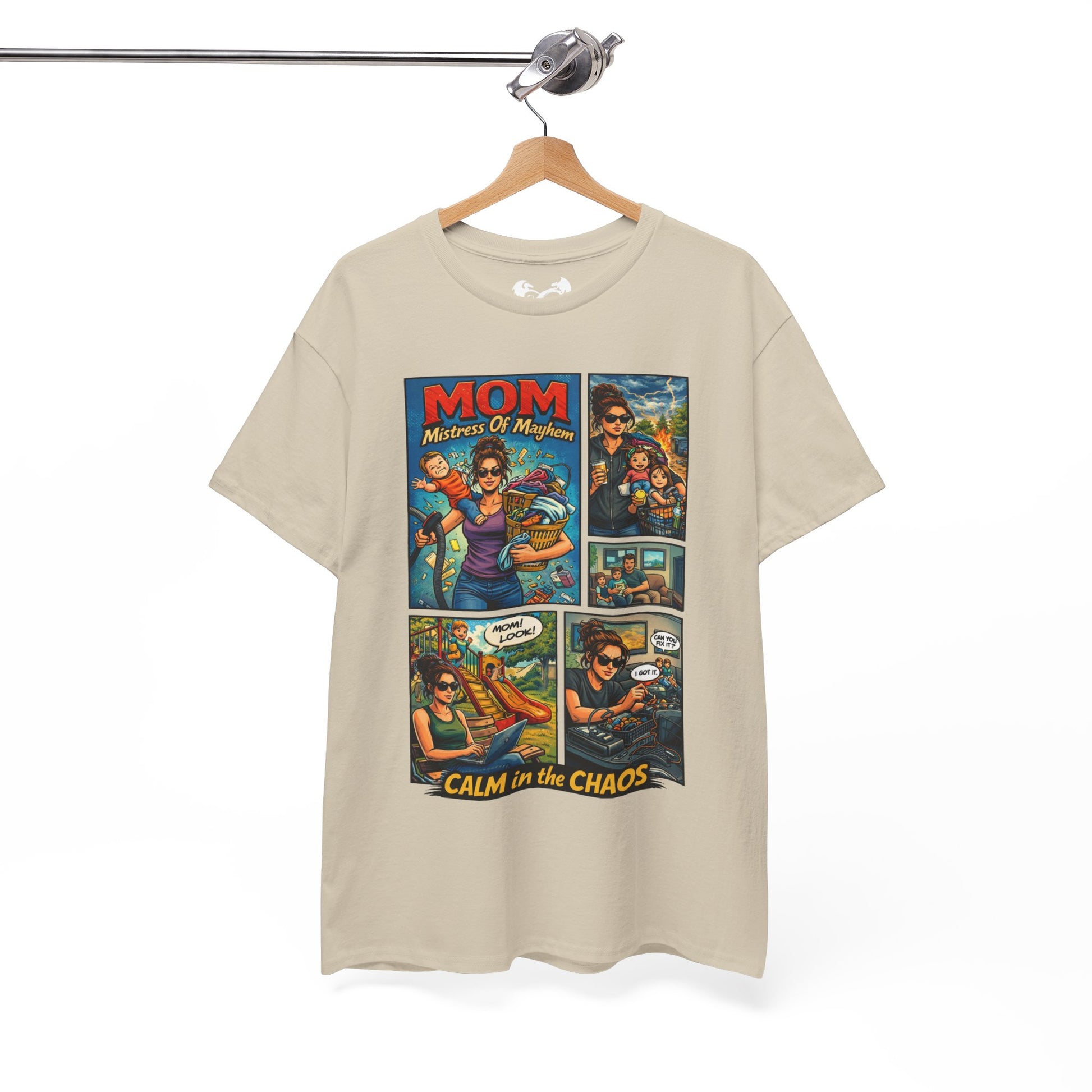 Beige t-shirt with colorful graphic design on a hanger against a white background