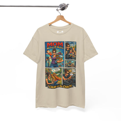 Beige t-shirt with colorful graphic design on a hanger against a white background