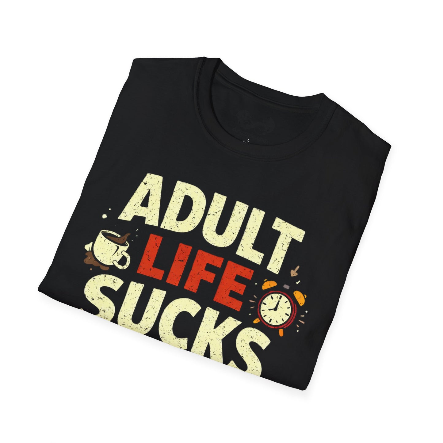 Black t-shirt with 'Adult Life Sucks' text design on a white background