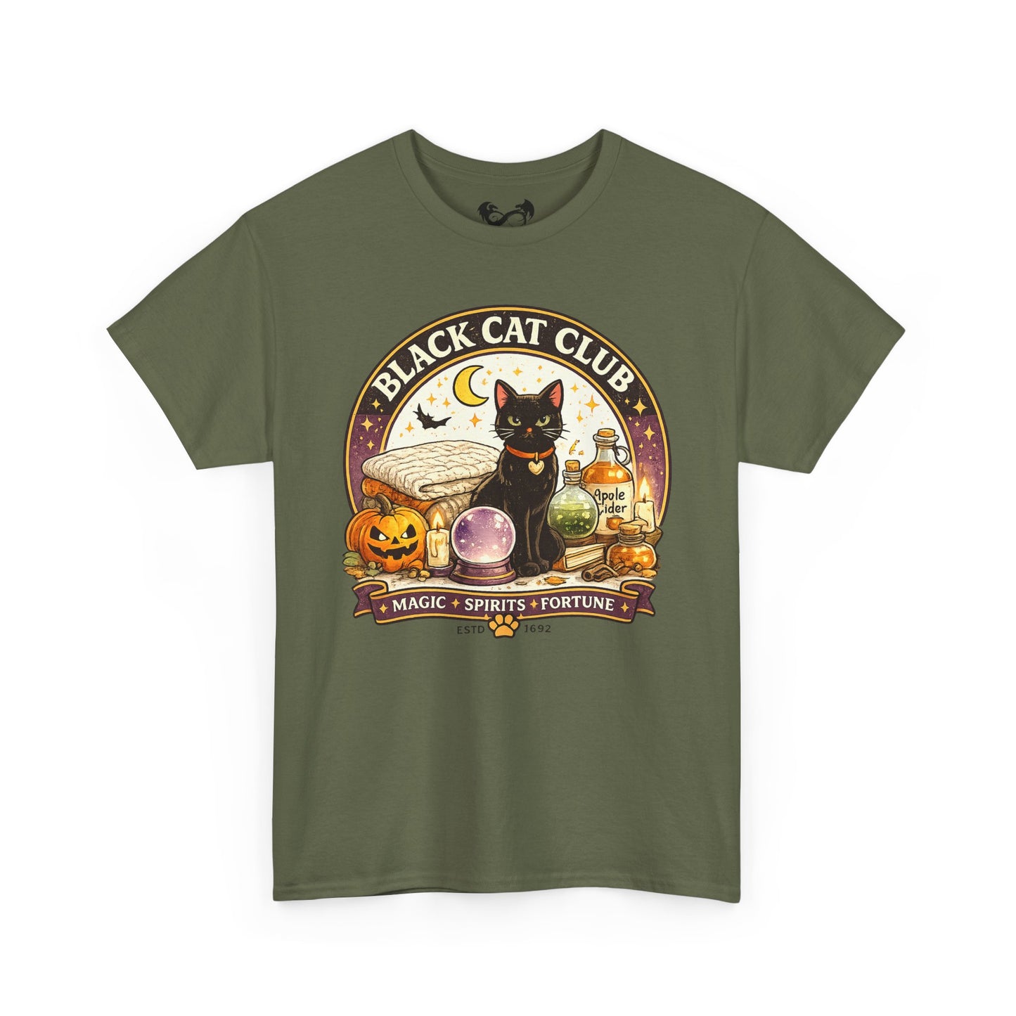 An olive green short-sleeve t-shirt with a detailed Halloween graphic on the front. The graphic features a black cat, a pumpkin, a potion bottle, a crystal ball, and a banner that reads 'BLACK CAT CLUB' and 'MAGIC * SPIRITS * FORTUNE'.