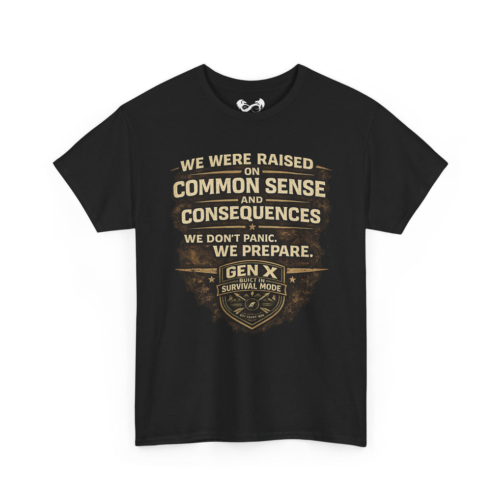 Black t-shirt with text and logo on a white background