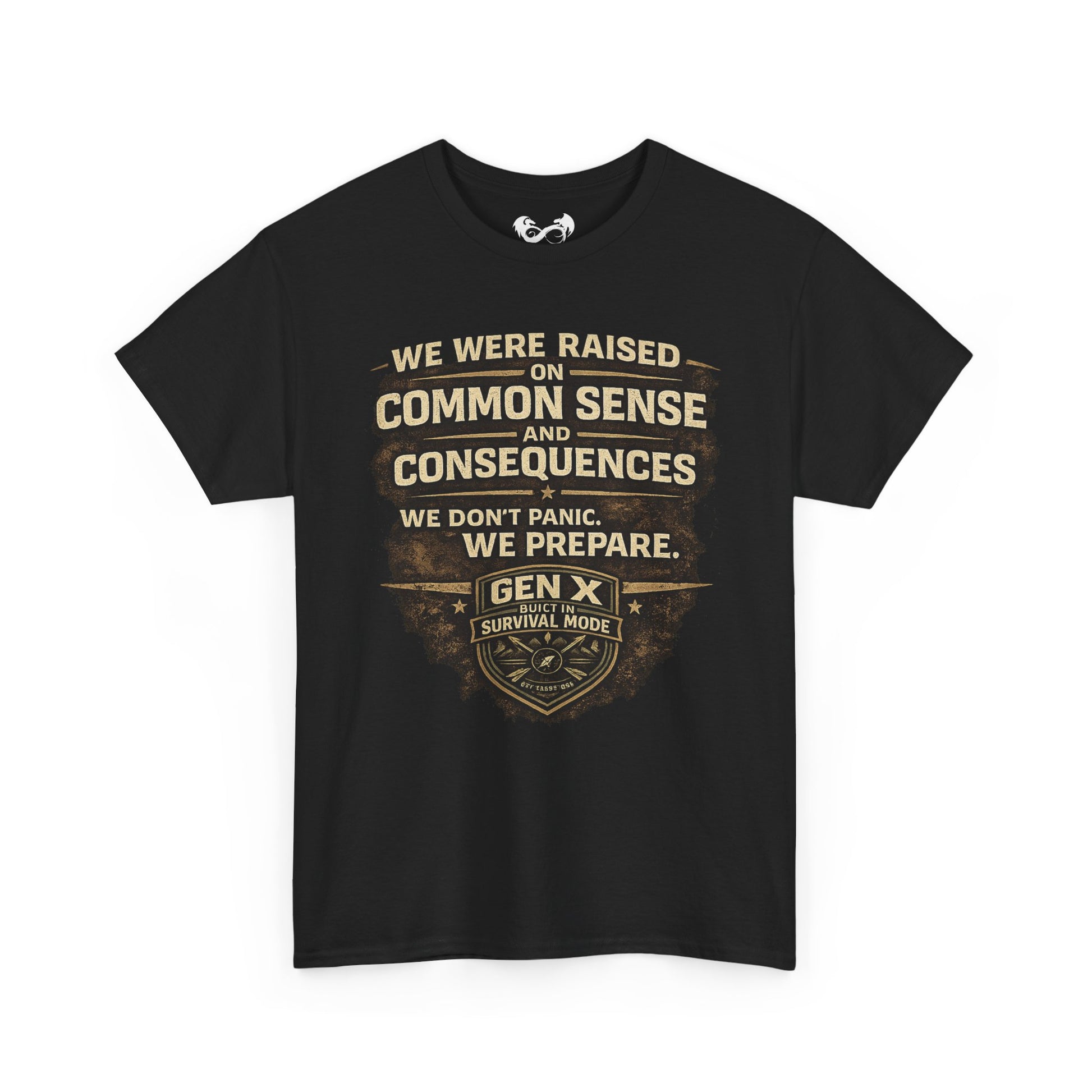 Black t-shirt with text and logo on a white background