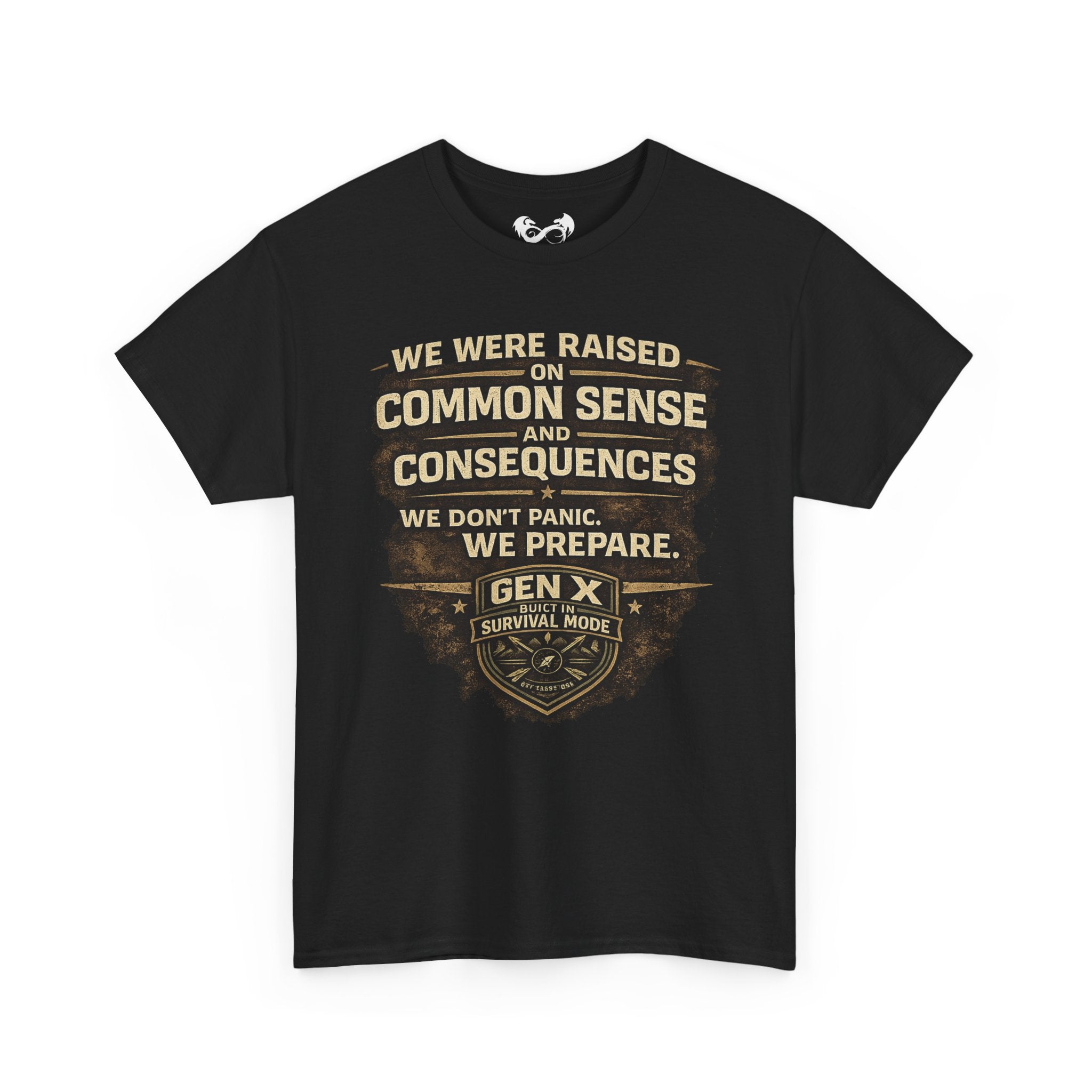 Black t-shirt with text and logo on a white background