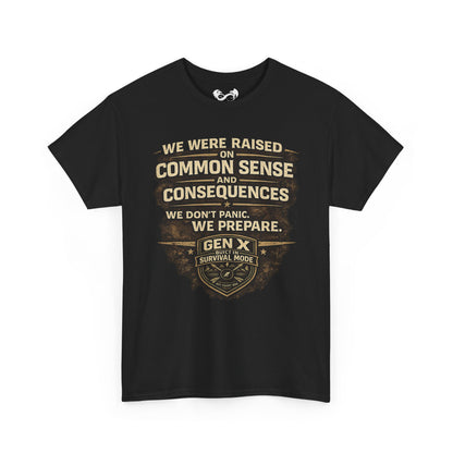 Black t-shirt with text and logo on a white background