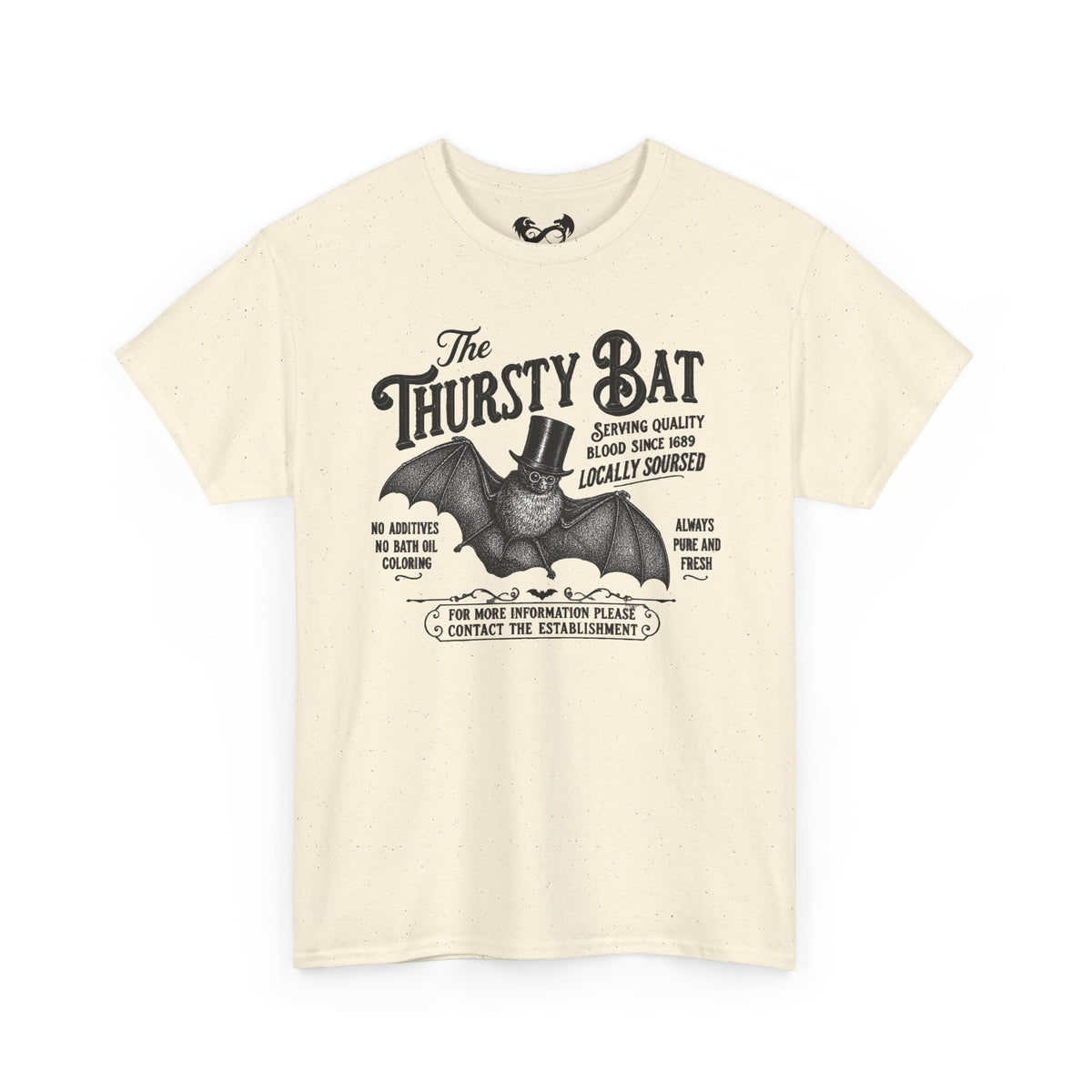 An off-white short-sleeve t-shirt with a vintage-style black graphic of a bat wearing a top hat and the text 'The Thirsty Bat'.