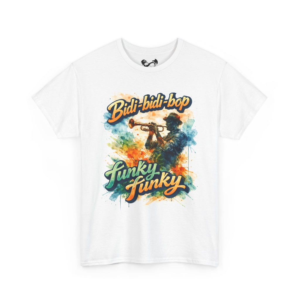 White t-shirt with colorful graphic design featuring a person playing a trumpet and text on a white background