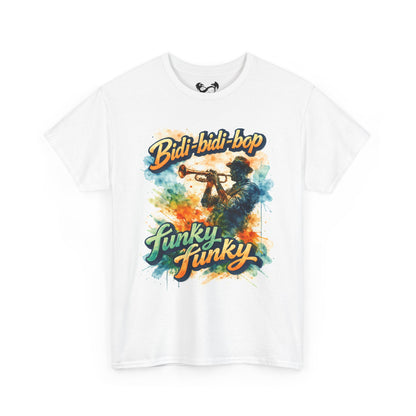 White t-shirt with colorful graphic design featuring a person playing a trumpet and text on a white background