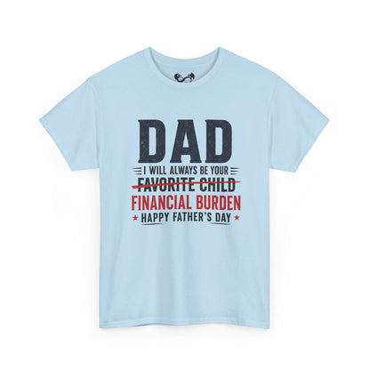 Light blue t-shirt with humorous Father's Day message on a white background