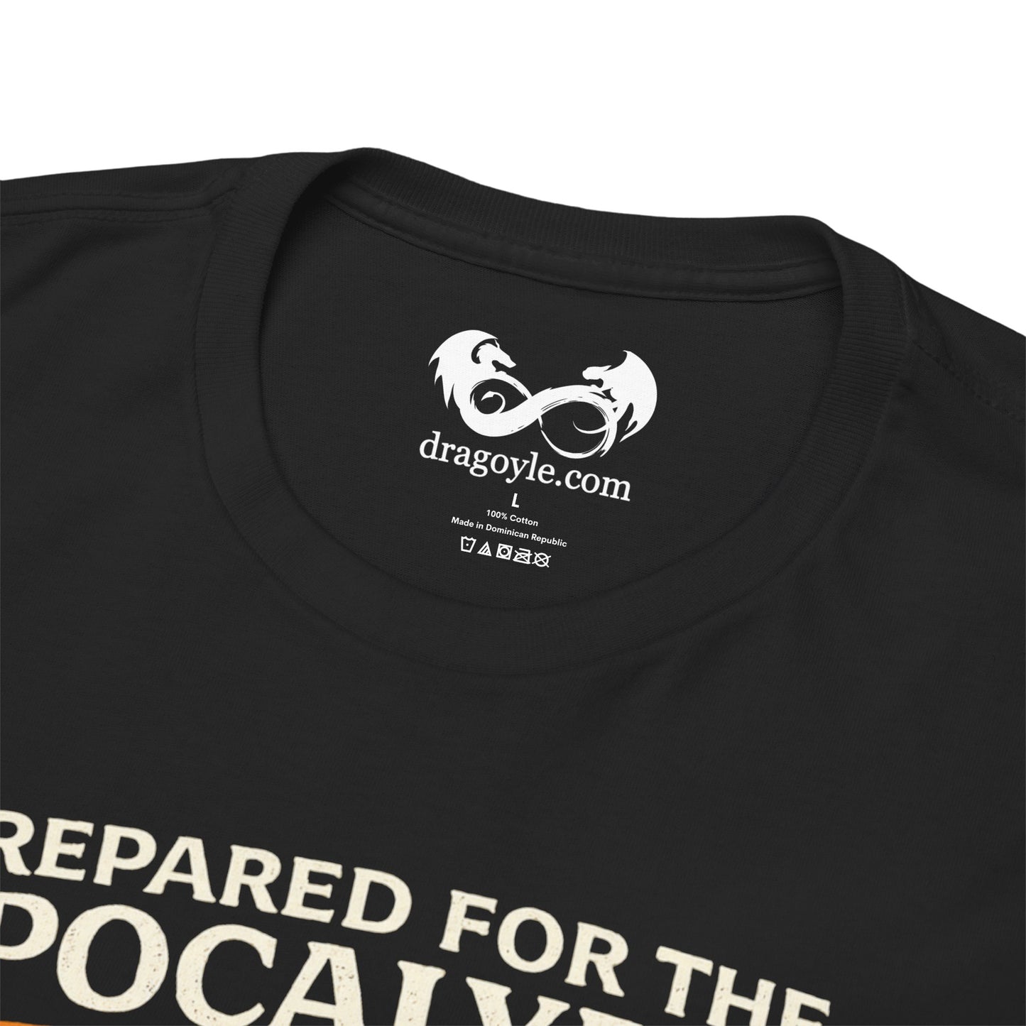 Black t-shirt with 'Prepared for the Apocalypse' text and 'dragoyle.com' logo.