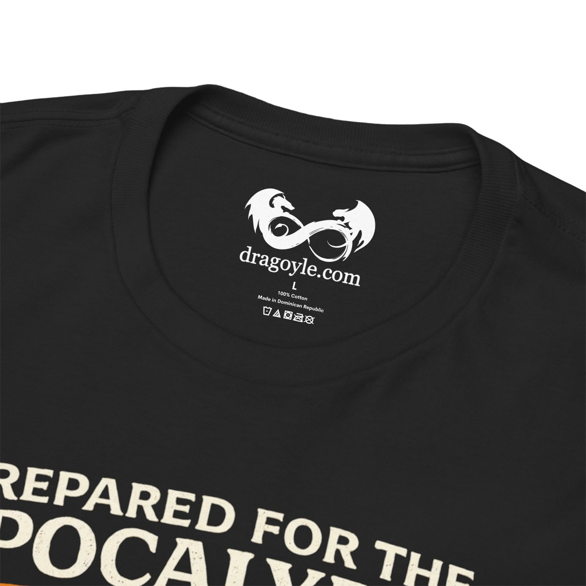 Black t-shirt with 'Prepared for the Apocalypse' text and 'dragoyle.com' logo.