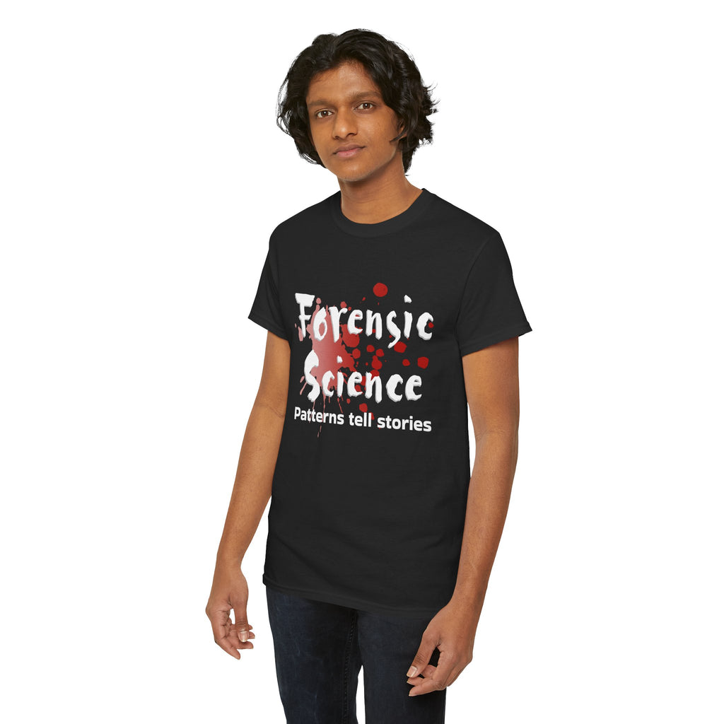Person wearing a black t-shirt with 'Forensic Science' text and design on a white background