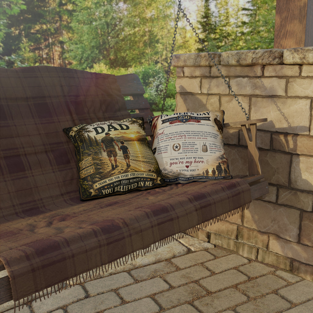 Two decorative pillows on a wooden bench with a stone wall and forest background
