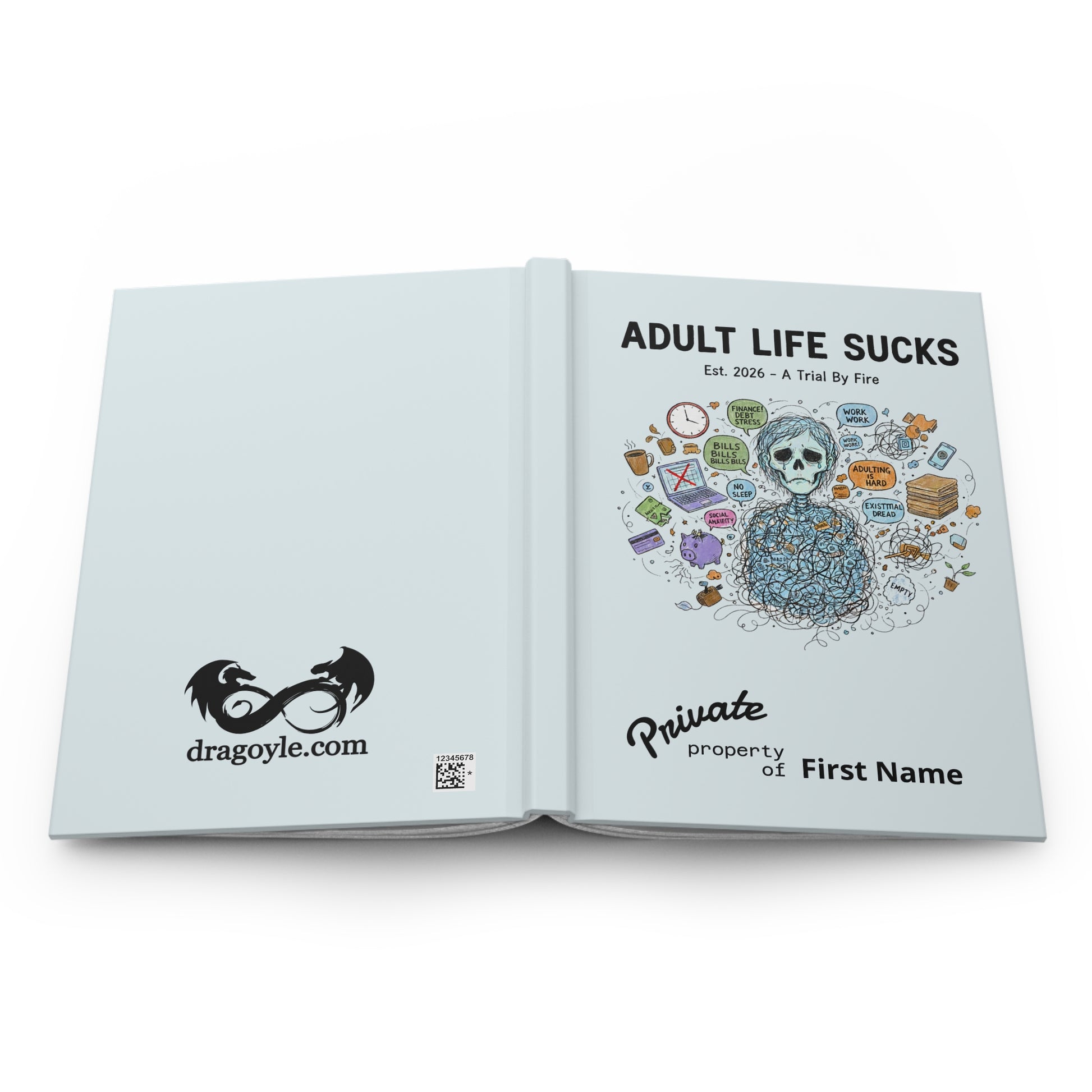 Open book with illustrations and text on a white background