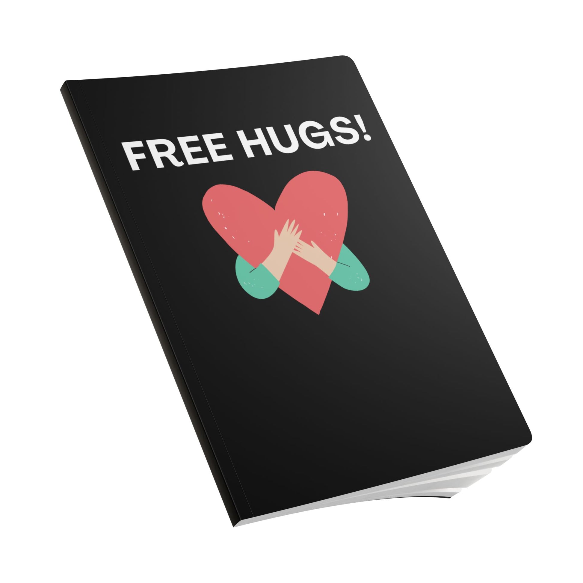 Black notebook with 'FREE HUGS!' text and heart design on a white background