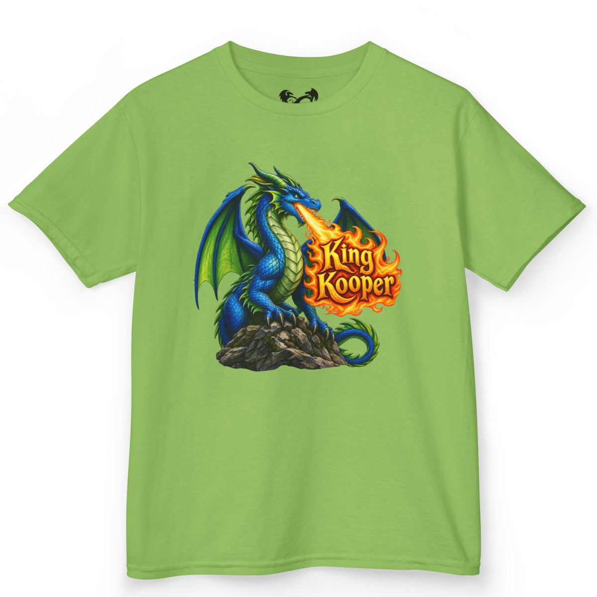 A lime green short-sleeve t-shirt with a colorful graphic of a blue dragon on a rock, breathing fire, with the text 'King Kooper' in orange. The shirt is displayed flat against a solid white background.