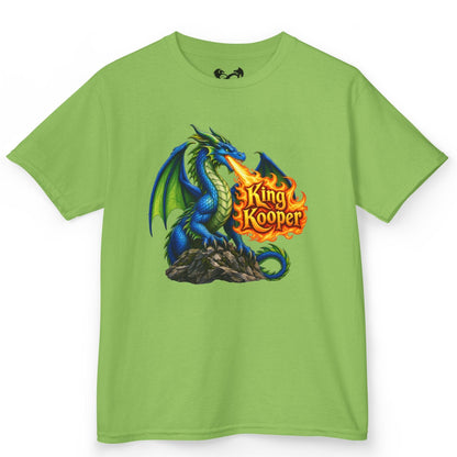 A lime green short-sleeve t-shirt with a colorful graphic of a blue dragon on a rock, breathing fire, with the text 'King Kooper' in orange. The shirt is displayed flat against a solid white background.
