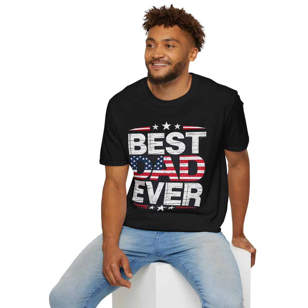 Man wearing a black t-shirt with 'Best Dad Ever' text and American flag design on a white background