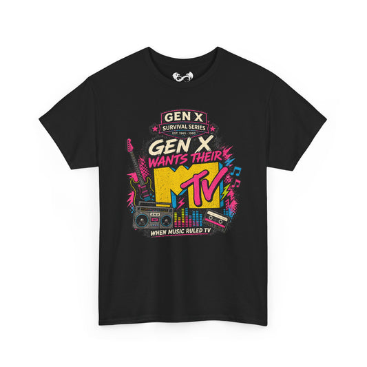Black t-shirt with colorful 'Gen X' and MTV graphic design on a white background
