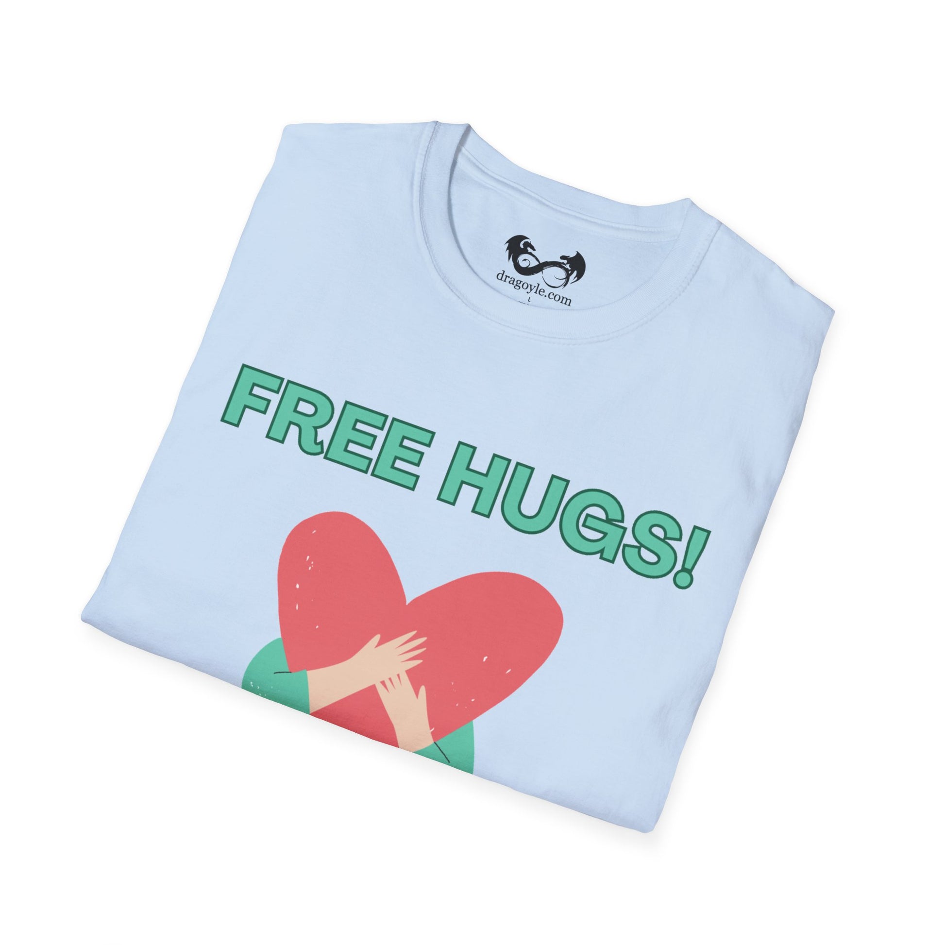 Light blue t-shirt with 'FREE HUGS!' text and a heart graphic on a white background