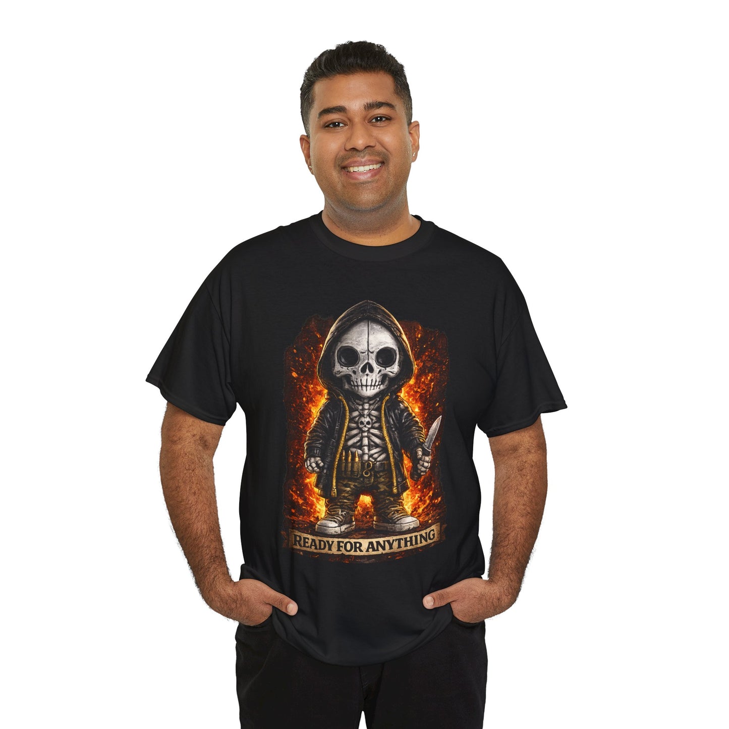 Man wearing a black t-shirt with a graphic design of a skeleton and flames, text 'READY FOR ANYTHING' on a white background.