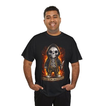 Man wearing a black t-shirt with a graphic design of a skeleton and flames, text 'READY FOR ANYTHING' on a white background.