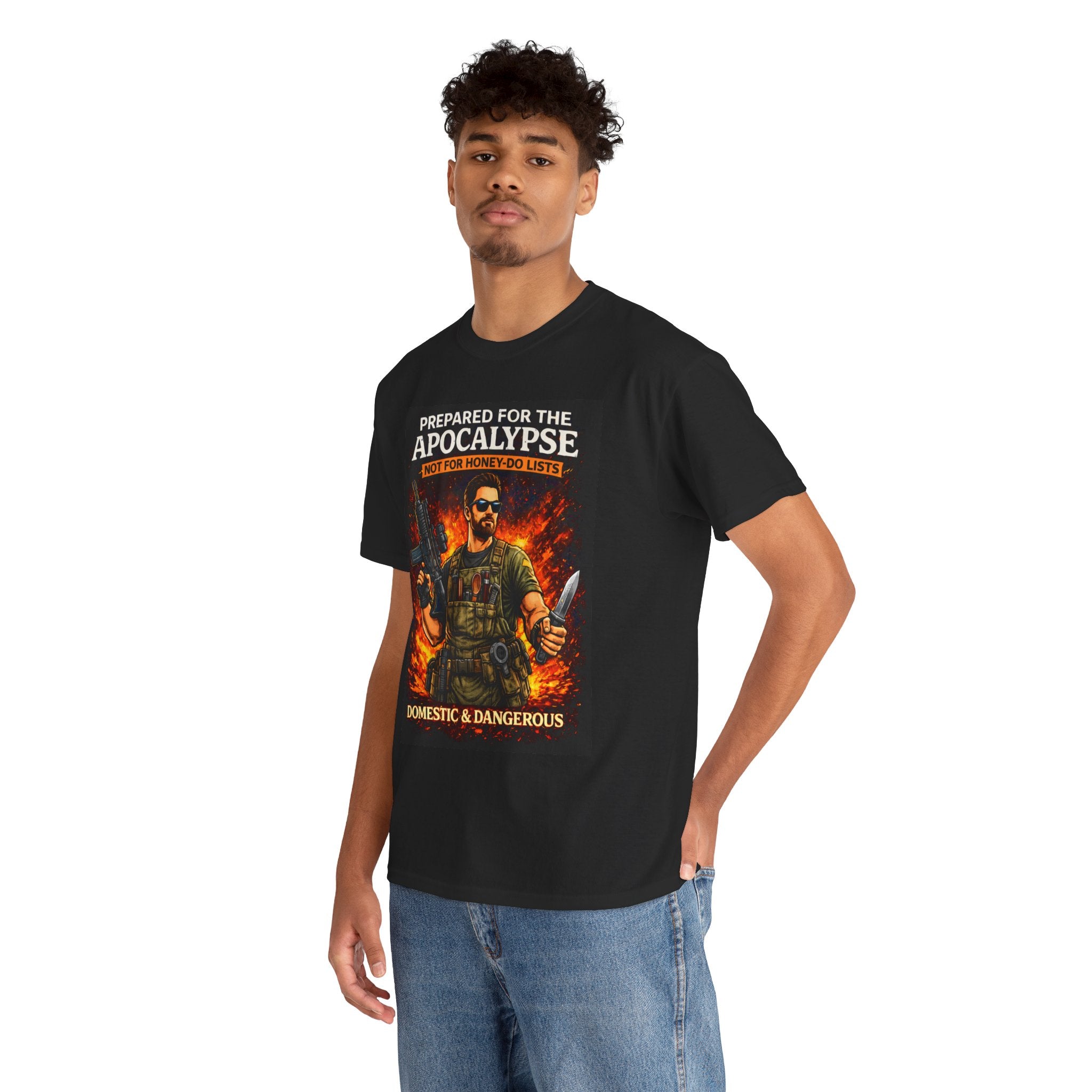 Person wearing a black t-shirt with a graphic design and text on a white background