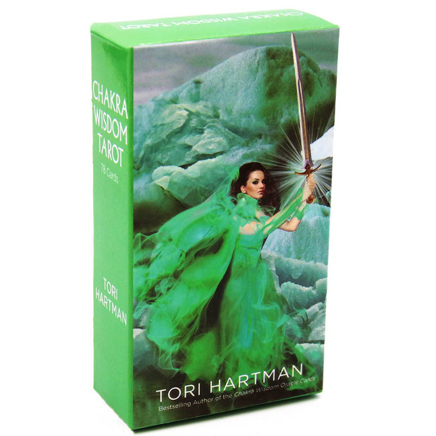 Tarot card box with a green-themed design featuring a woman in a flowing green dress and 'Tori Hartman' branding.
