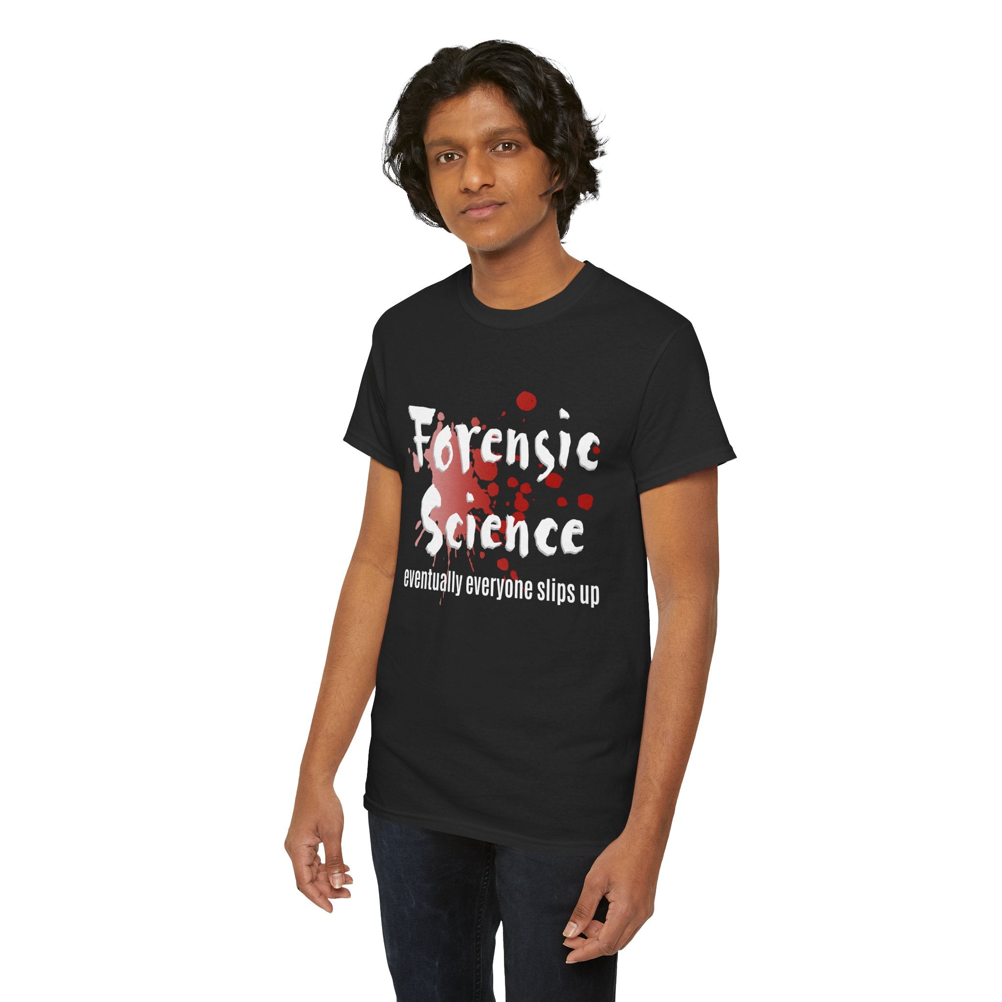 Person wearing a black t-shirt with 'Forensic Science' text and design on a white background