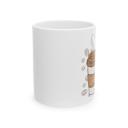 White mug with a cartoon-style cigarette graphic on a white background