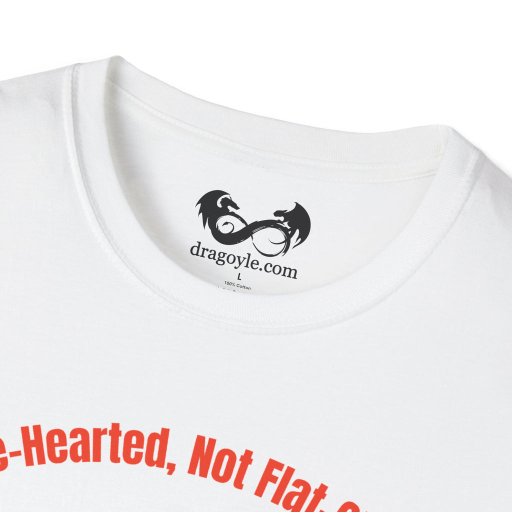 White t-shirt with red text and a black logo on a white background
